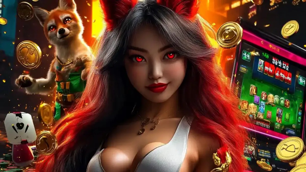 Personagens de Cassino Fantasia Personagem feminina com olhos brilhantes ao lado de uma raposa antropomórfica em um cenário de cassino futurista com moedas de ouro voando